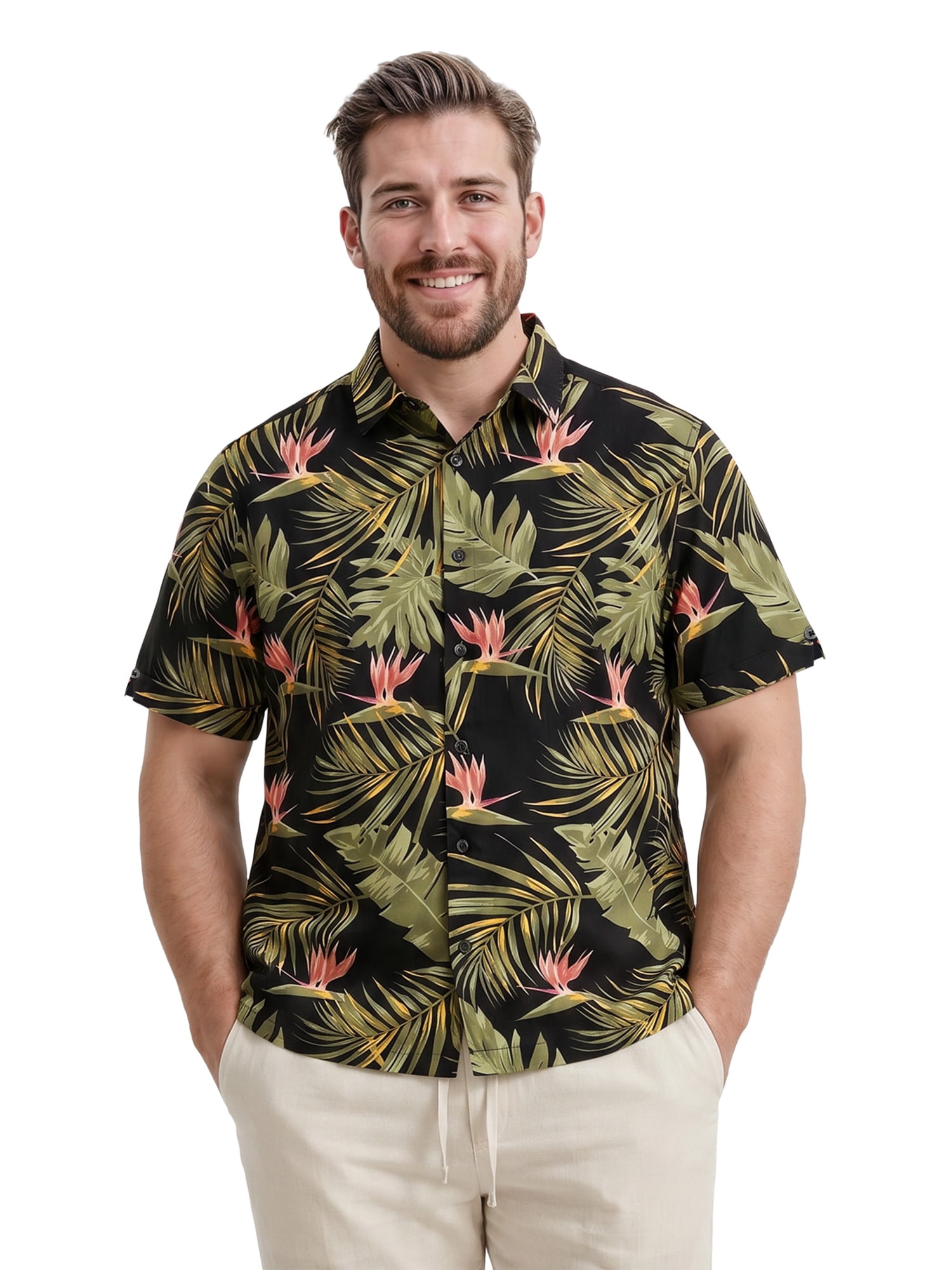Cafe Luna Men’s and Big Men's Short Sleeve Tropical Bird of Paradise Print Camp Button-Down Shirt, S-5XL