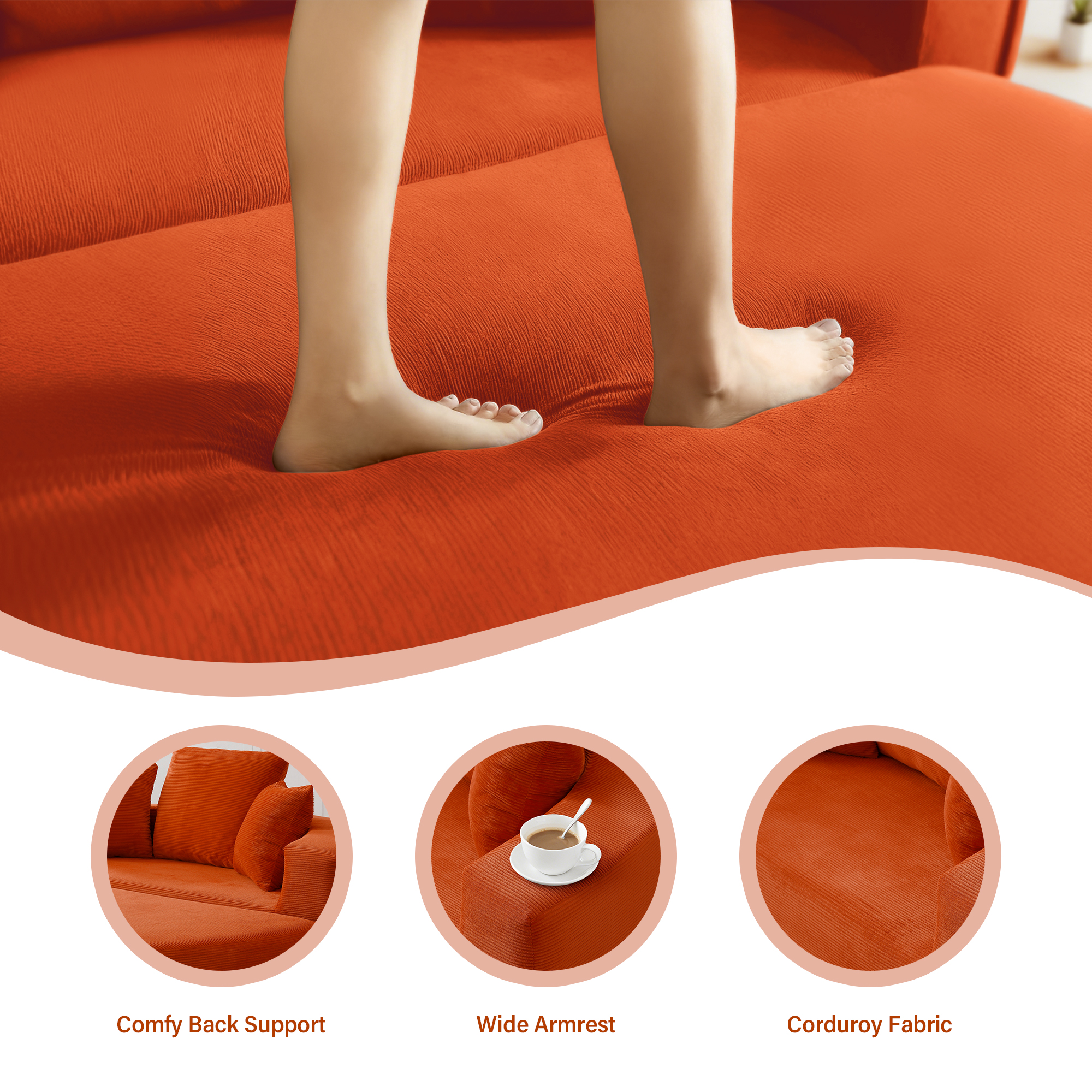 Aukfa 67" Round Convertible Folding Sofa Bed, Corduroy Futon Sleeper Couch with Pillows for Small Spaces and Living Rooms, Orange