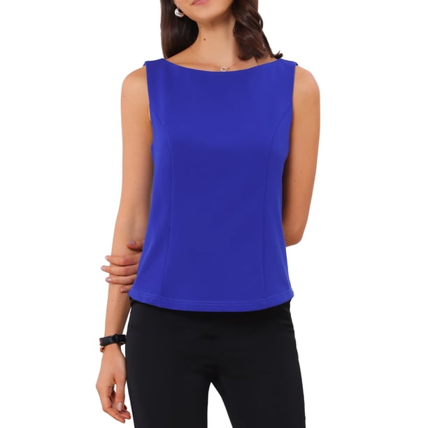 INSPIRAR CHIC Blusas sin mangas de cuello barco para mujeres, top de trabajo de verano, talla XS, azul real