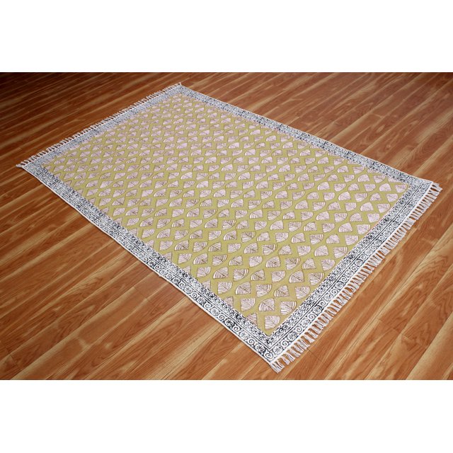 Casavani - Tapis Dhurrie Carré en Coton Jaune Imprimé à la Main 3'x3' pour Entrée