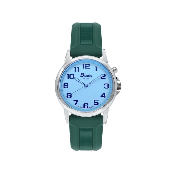 Bandini Montre Phosphorescente pour Femmes - Bracelet en Silicone Lavable - Montre-Bracelet Analogique pour Femmes de 28 mm à Lecture Facile avec Lumière, Montres Lumineuses, Quartz, Cadran Blanc, Grands Chiffres, Brille dans les Mains Foncées - Ton Argent / Vert