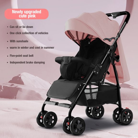Baby Stroller Lightweight Travel Baby Pram with Cup Holder and Mosquito Net 0-36 Months,Support One-Touch Folding,Unisex,Pink