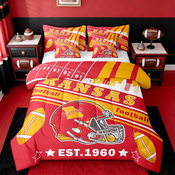 Manfei American Rugby Games Silhouette Twin Bedding Sets 7-Piece,Kansas Bedding Comforter Set 7-Piece,Red Rugby Helmet Sheet Sets For Boys,Lightweight Room Decoration Reversible