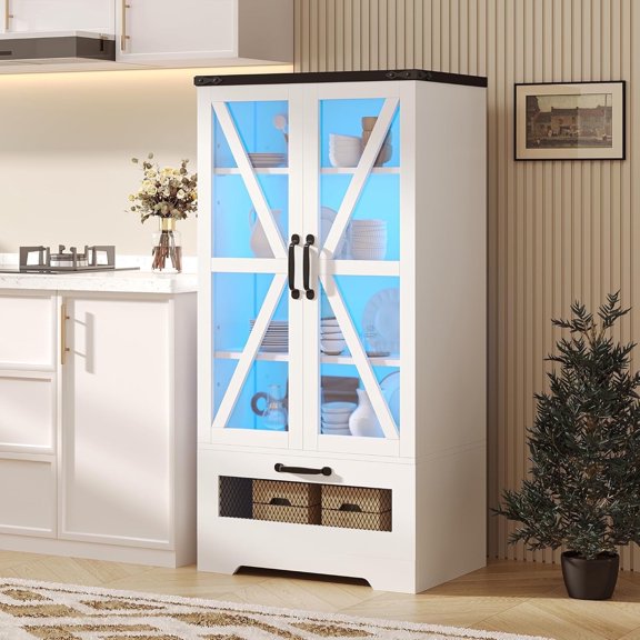 ETASE 47" Kitchen Storage Cabinet with LED Light, Modern Kitchen Cabinet with Adjustable Shelves and Drawer, Display Cabinet with Glass Door for Kitchen, Living Room, Bedroom, White