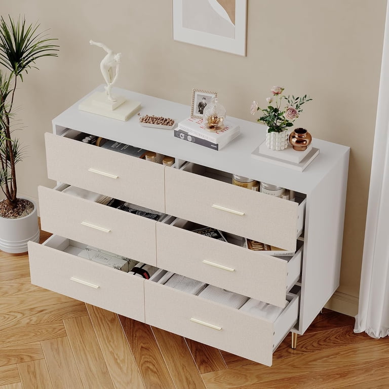 6 Drawer Dresser, Modern White Chest of Drawers with Gold Metal Legs and Handles, Large Narrow Wooden Dresser with Drawers, Storage Cabinet for 