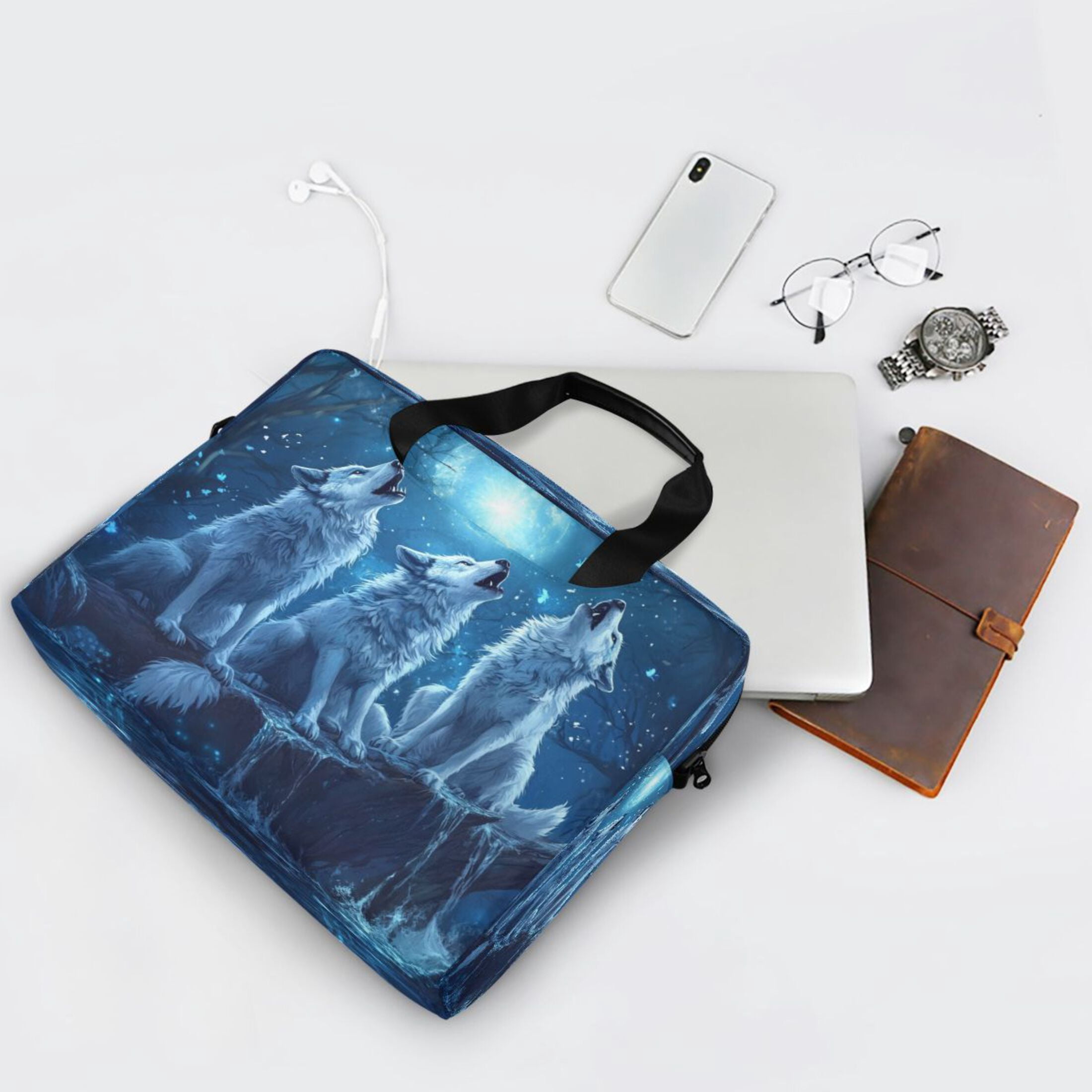 16" Laptop Tote Bag Laptop Sleeve Case Computer Briefcase for Work & Travel Three Blue Wolves