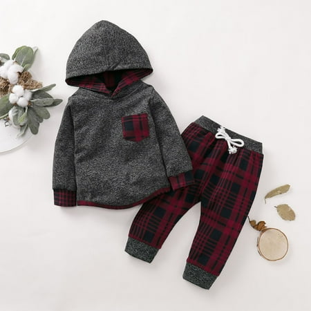 

Kids Toddler Infant Baby Boys Girls Winter Outfit Christmas Plaid Hoodie Sweatshirt Jackets Shirt+Pants Xmas Clothes Set