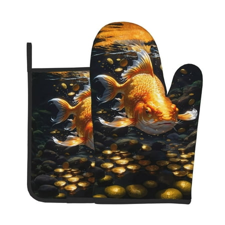 

Xecao Golden Koi And Treasure Pattern Oven Mitts and Pot Holders Sets Heat Resistant Silicone Oven Mittens Extra Thicken Long Kitchen Cotton Oven Glove for Cooking