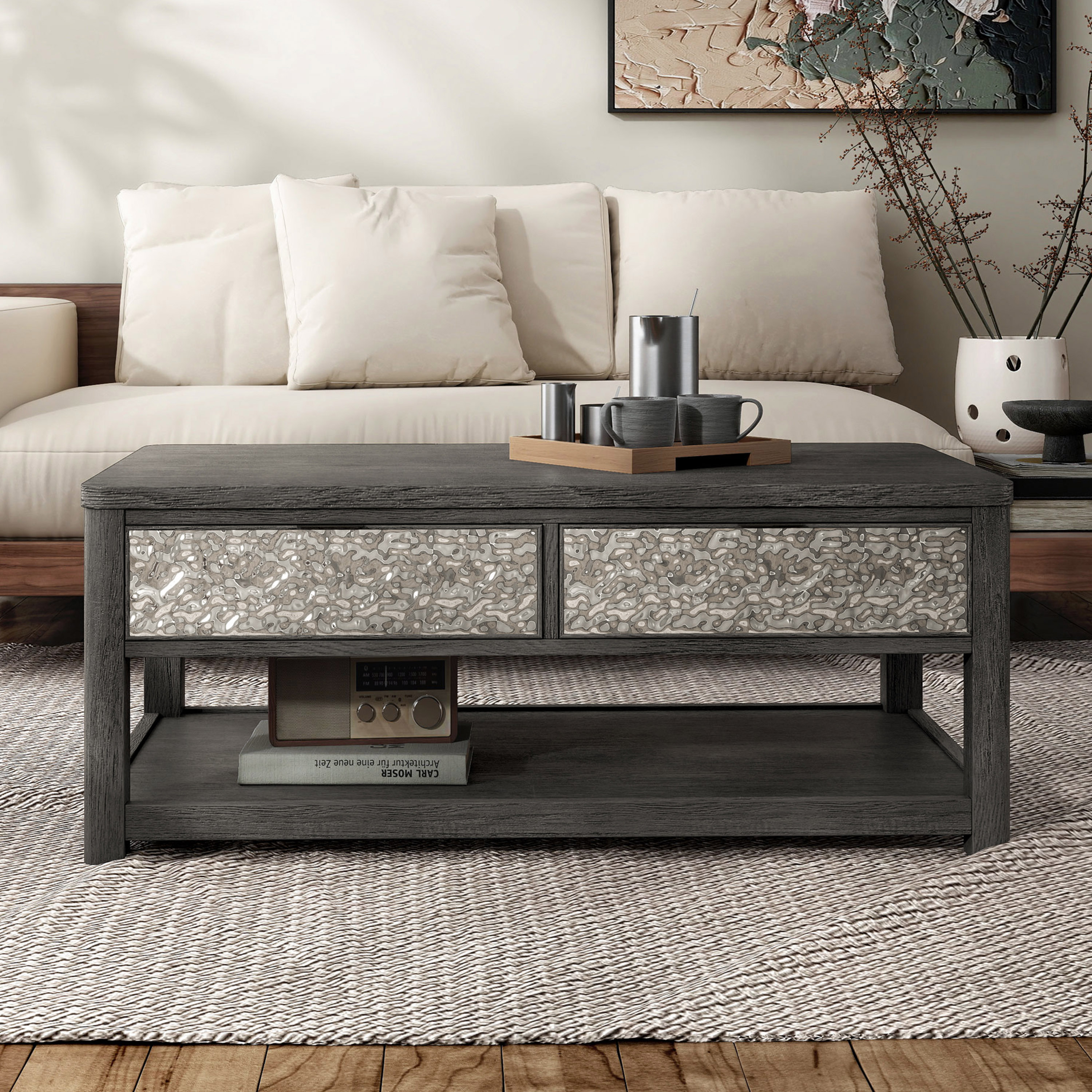 Furniture of America Cheri Modern Solid Wood Coffee Table with 2-Drawer and Casters, Ash Gray