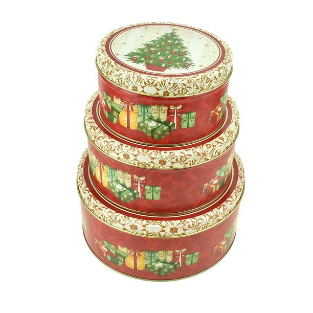 Christmas Cookie Tin Round Containers with Christmas Tree and Presents