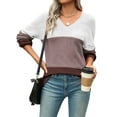 thumbnail image 2 of Womens 2025 Fall Casual Long Sleeve Ribbed Knit V Neck Light-Weight Crochet Pullover Sweater Brown Gray XXL, 2 of 7