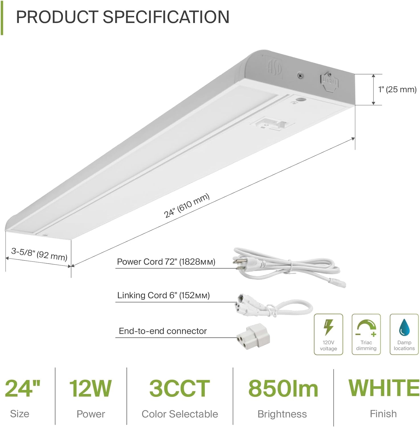 Swivel LED Under Cabinet Lighting Plug in or Hardwired 24 Inch, Dimmable Under Cabinet Lights with High/Low/Off Switch, 3CCT 2700K-4000K, Linkable Under Counter Lights for Kitchen, White, ETL