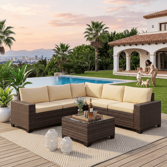 6-Piece Outdoor Patio Sectional Sofa Set with Coffee Table - All-Weather PE Wicker Rattan Conversation Set with Thickened Cushions for Garden, Backyard, Beige