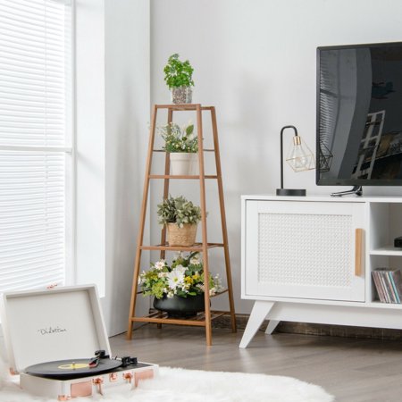 4-Potted Bamboo Tall Plant Holder Stand (Brown)