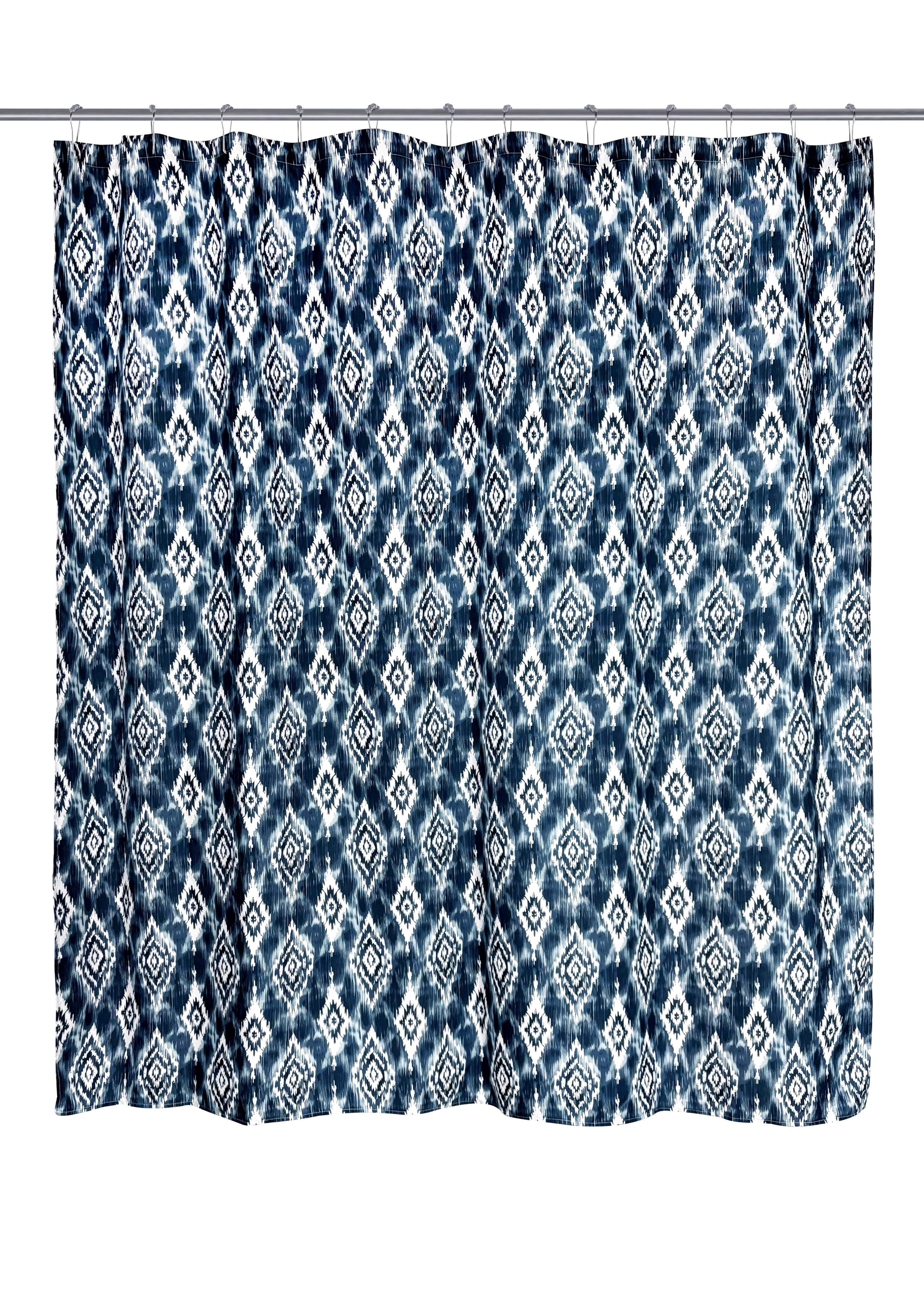 Mainstays 16-Piece Blue Ikat Shower Curtain Bathroom Set – Fabric Curtain with Rug, Hooks, Soap Dispenser & Tray