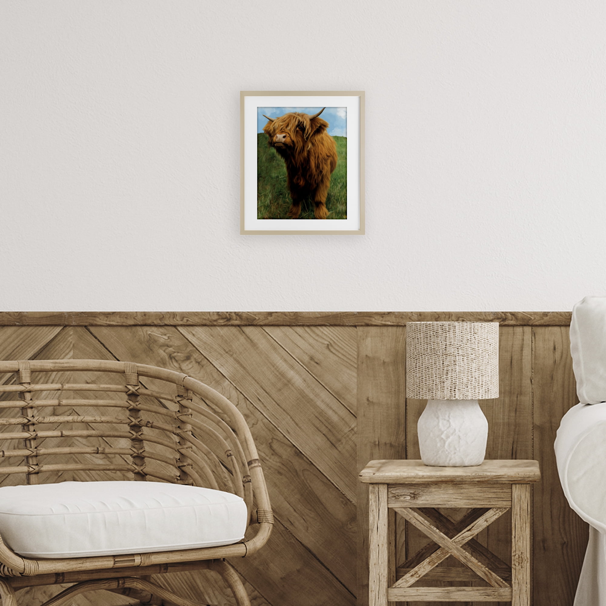Stupell Industries Mini Highland Cow Calf Birch Framed Print Under Glass, design by Renel Peters