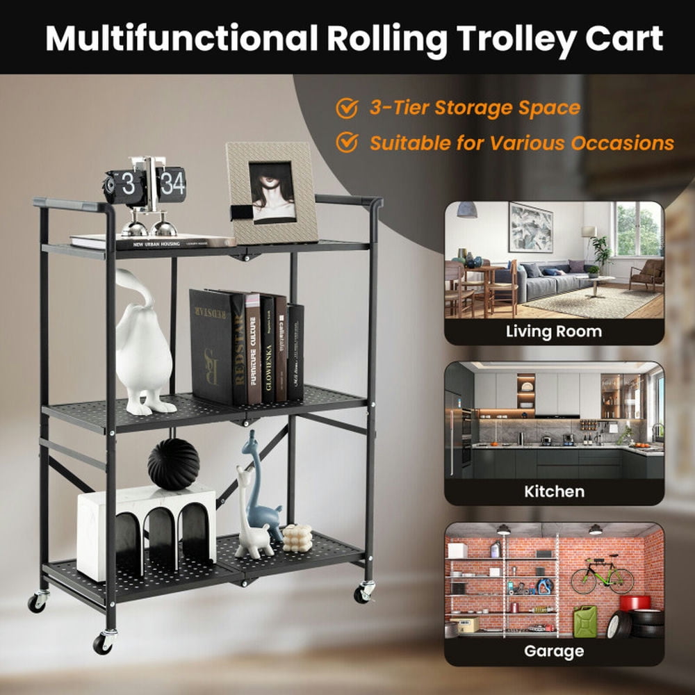 Finihen Rolling Cart, Kitchen Island Cart, 3-Tier Folding Utility Cart with 2 Lockable Casters, for Kitchen, Dining Room, Black Finihen Rolling Cart, Kitchen Island Cart, 3-Tier Folding Utility Cart with 2 Lockable Casters, for Kitchen, Dining Room, Black