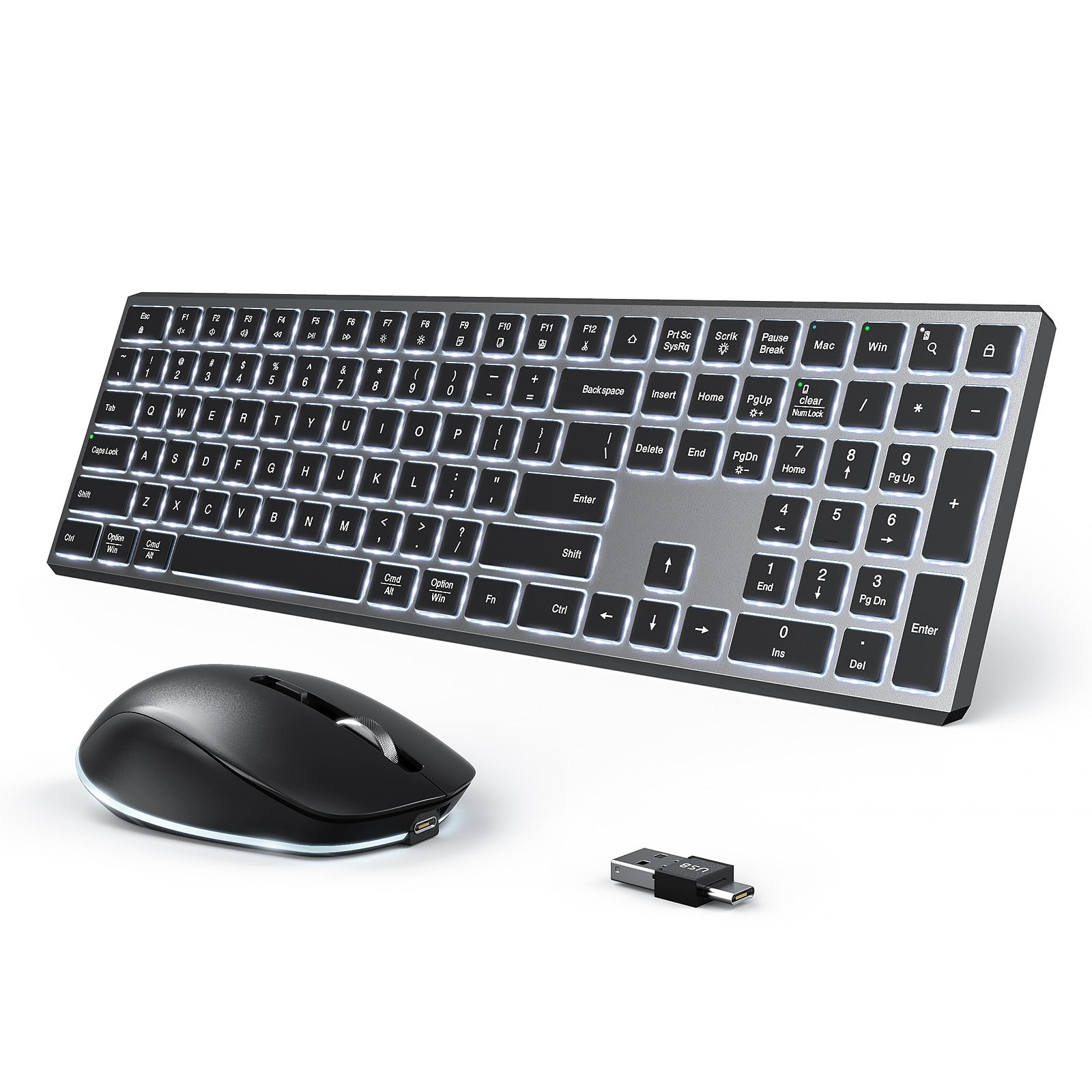 Mac Wireless Keyboard and Mouse - Mouse with Backlit, Rechargeable Silent Full Size Keyboard and Mouse Combo Compatible with Mac OS, Windows 7/8/10, MacBook air/pro, Laptop, Gray - Walmart.com