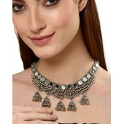 Silver Oxidised Mirror Work Ghungroo Choker Necklace Neckpiece & Earring Jewelry