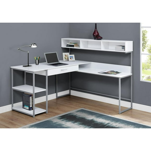 Monarch Specialties Bureau, Bureau À Domicile, Coin, Tiroirs De Rangement, Forme De L, Travail, Ordinateur Portable, Métal, Stratifié, Blanc, Gris, Contemporain, Moderne