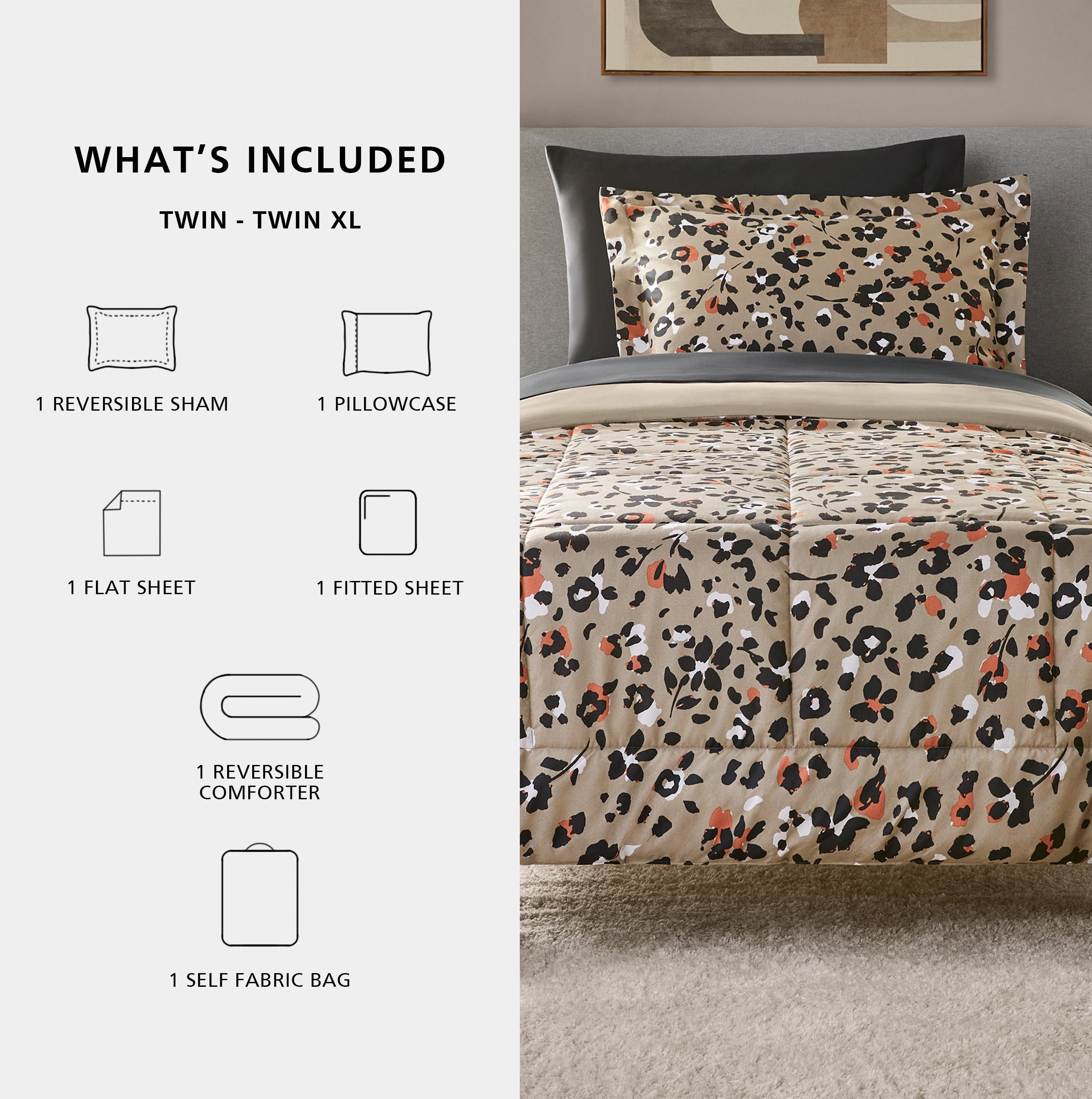 Mainstays 5-Piece Reversible Bed in a Bag Comforter Set with Sheets, Beige Animal Print