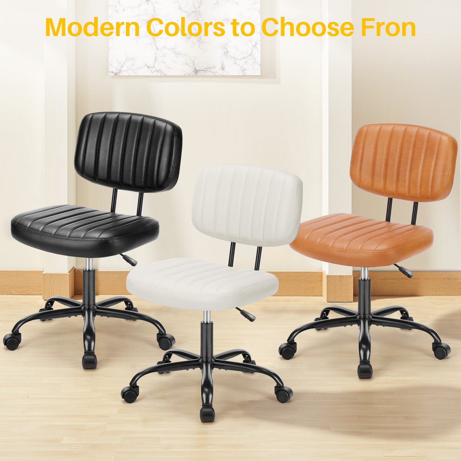 Cute Task Chair, Adjustable Armless Activity Chair with Wheels, Comfy Low Back Swivel Desk Chair, White