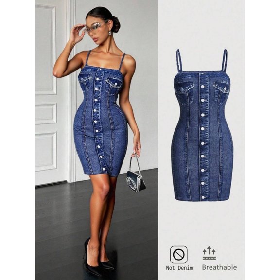 Blue Denim Mini Dress With Front Button Detail Slim Fit Sleeveless Bodycon Dress For Women