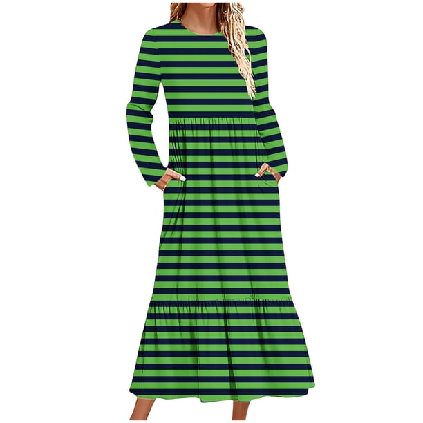 Cavosen Fall Maxi Dresses for Women Long Sleeve Green Fashion Dress Smocked  Tiered Round Neck Ankle Length Long Dress Striped Pleated Casual Dress with  Pocket Fall Winter L - Walmart Business Supplies