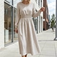 thumbnail image 2 of FRSASU Women's Long Sleeve Striped A Line Midi Dress Round Neck Smocked Elastic Waist Flowy Casual Daily Holiday Long Dress Beige, 2 of 8