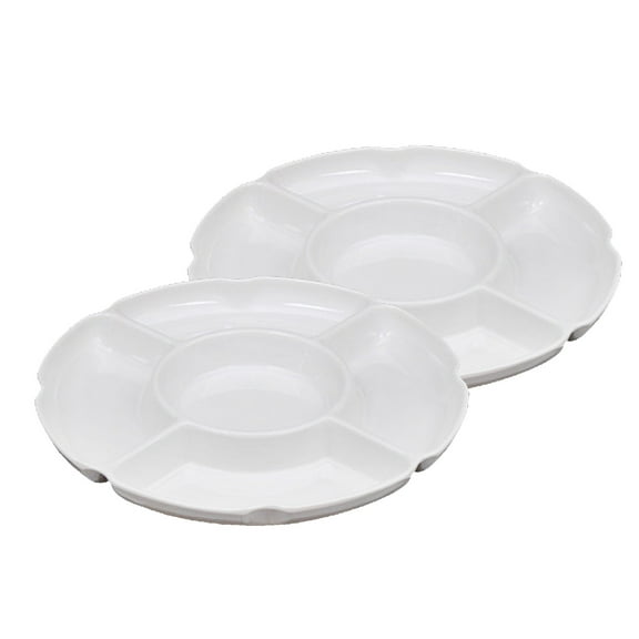 Round Snack Serving Tray White Set of 2 Rustic Ceramic Food Storage Plate Restaurant Dining Room Kitchen Organization