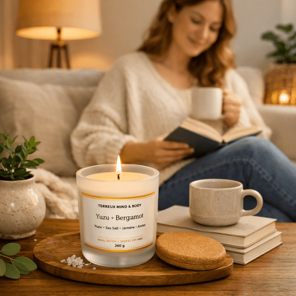 Terreux Mind and Body 10 oz Yuzu Bergamot Scented Container Candle with 48 Hour Burn Time, Two-Wick, Soy Wax