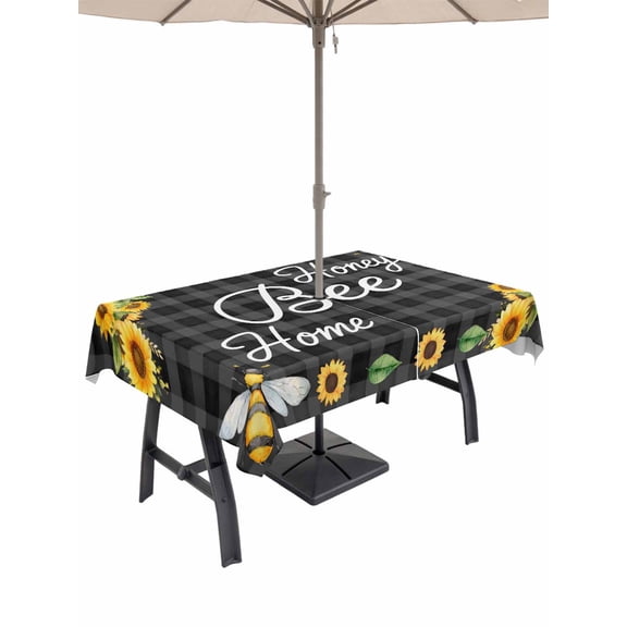 Outdoor Tablecloth with Umbrella Hole for Patio/Picnic/Party/Camping, Spring Sunflowers Waterproof Table Cloth Rectangle Table Cover Washable, Summer Yellow Flowers Bees Plaid (60"x 120")