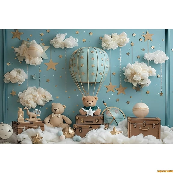 Cute Bear Photography Background Hot Air Balloon Stars Clouds Newborn 1st Birthday Party Blue Baby Shower Backdrop Photo Studio