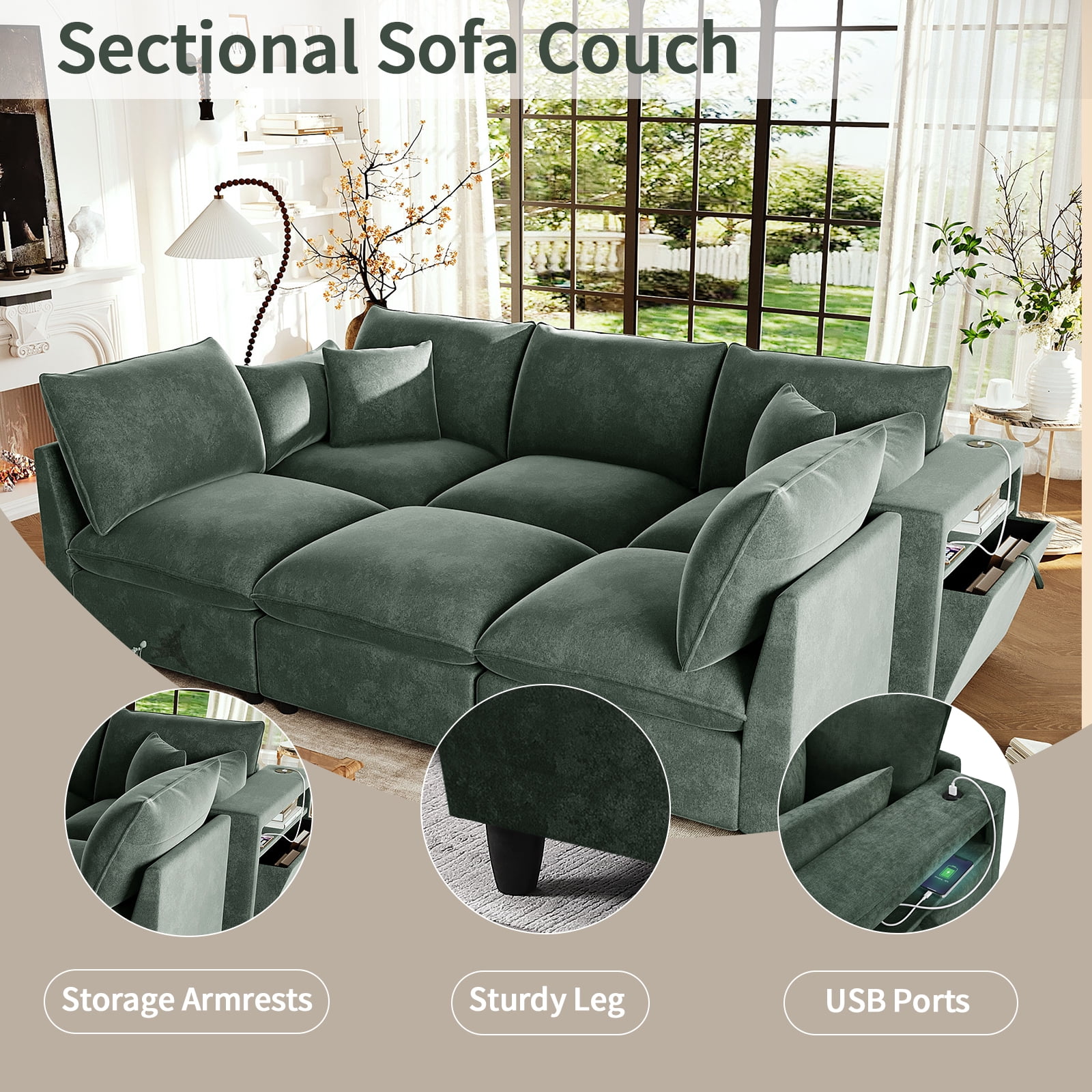 EPOWP 93.7'' Modular Sectional Sofa, U Shaped Cloud Couch with Movable Ottoman, Chenille 6 Seater Sofa Storage Armrests and USB Ports for Living Room (Green)