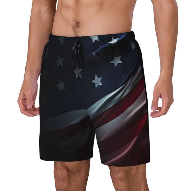 Balery American Flag Waving Print Bañador para hombre, shorts de playa de secado rápido con entrepierna y forro de compresión-XX-Large