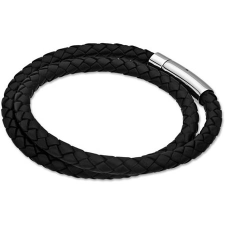 Steel Art Men's Double Round Black Braided Genuine Leather Bracelet with Stainless Steel Clasp, 6mm, 8-1/2
