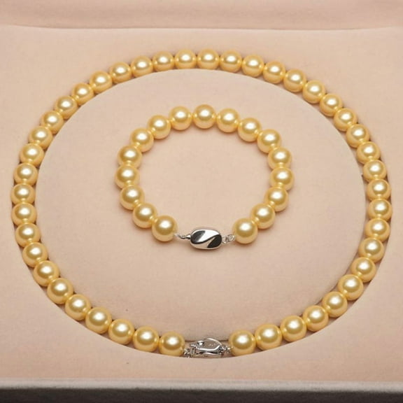 1Set Shell Pearl Round Beaded Necklaces & Bracelets Sets for Women Gold 450x8mm 2pcs/set