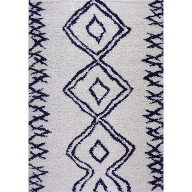 Ladole Rugs Grant Shaggy Casablanca Contemporary Abstract Big Runner Area Rug in Dark Blue White 2'7" x 9'10"