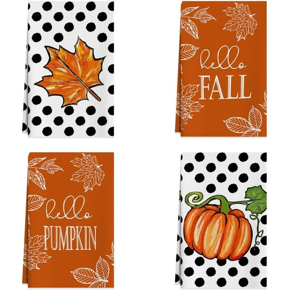 Hello Fall Maple Leaves Pumpkin Autumn Dish Towels 18x26 Inch Hand Kitchen Towels Dishcloth Home Decorations Set of 4