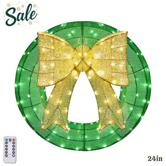 24" Pre-Lit Outdoor Christmas Wreath with Golden Bow, 200 LED Lights & Remote Control, Weather-Resistant for Front Door, Porch, Yard & Indoor Holiday Decor