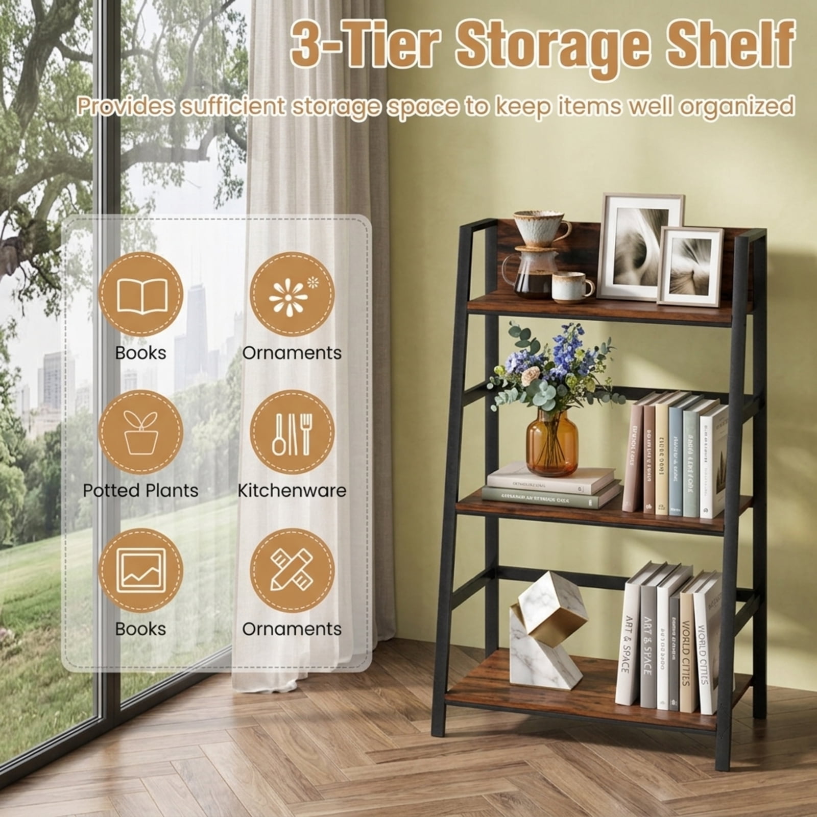 Furnibear 3-Tier Ladder Industrial Bookshelf with Metal Frame for Living Room Home Office Bedroom Display Storage Shelf, Coffee
