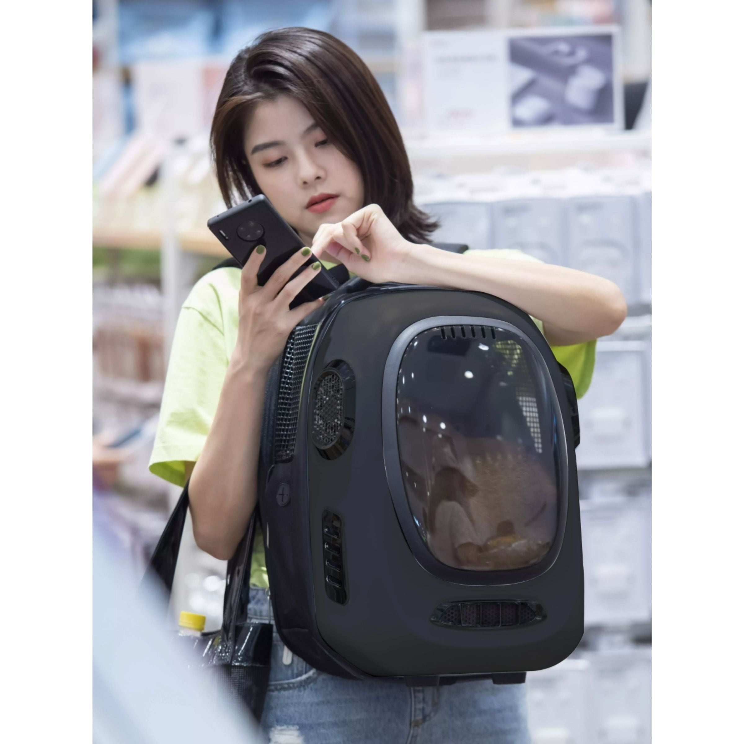 INSTACHEW Trekpod Smart Pet Carrier with Breathable Fan for Cats and Small Dogs for Walk Outdoors for Hike Up to 17lbs, Comfortable Ventilated Hard-Sided Cat Carrier Travel Backpack, App-Enabled,Black