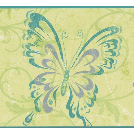 - Butterflies in Abstract Style with Damask Green Vine Scrolls Olive Wallpaper Border for Kids, Roll 15' x 7''