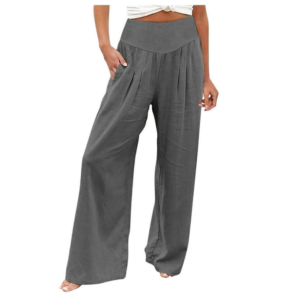 Pantalones de mujer de cintura alta y pierna ancha: pantalones palazzo con bolsillos, tejido ligero, ropa informal para vacaciones, tallas S-XXXL, cintura de 68-88 cm, corte holgado y cómodo.