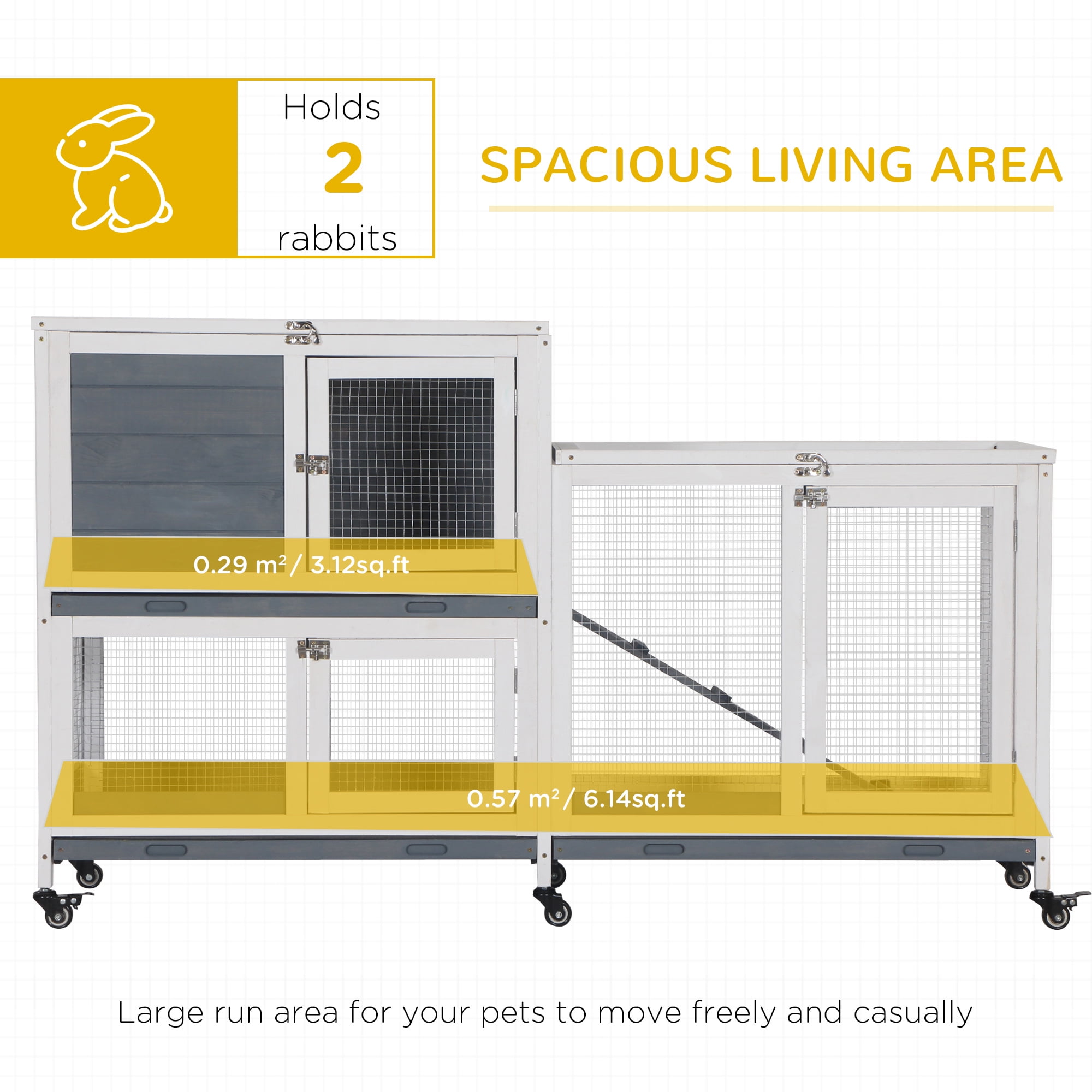 Wooden Rabbit Hutch Bunny Hutch Elevated Pet House Cage Small Animal Habitat with No Leak Tray Lockable Door Openable Top for Indoor 57.75" x 18" x 32.5" Grey