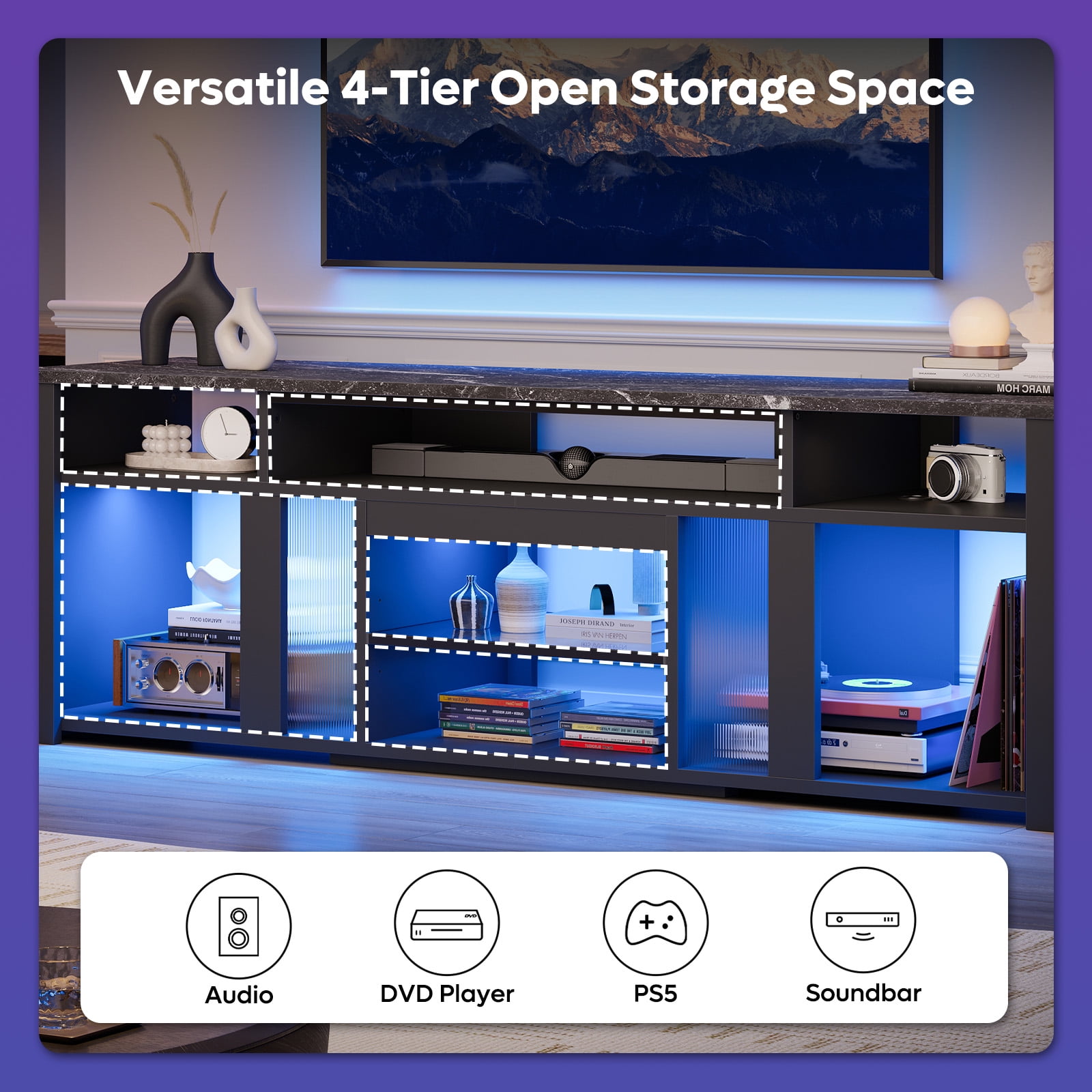 Bestier TV Stand for TVs Up to 85",Modern Entertainment Center for Living Room/Gaming Room,with Deep Storage Cabinet & Adjustable Shelves, Dynamic LED Lights,Black