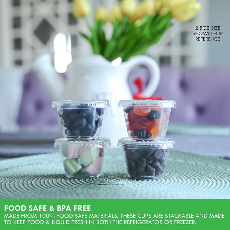 [100 Sets] 1.5 oz Small Plastic Containers with Lids, Jello Shot Cups with Lids, Disposable Portion Cups, Condiment Containers with Lids, Souffle Cups