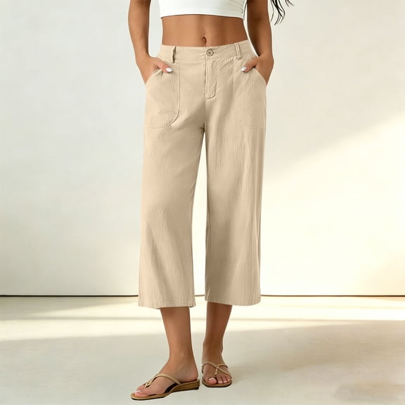Purcolt Womens Capri Pants Summer Cotton Linen High Waist Wide Leg Summer Casual Vacation Trousers with Pockets
