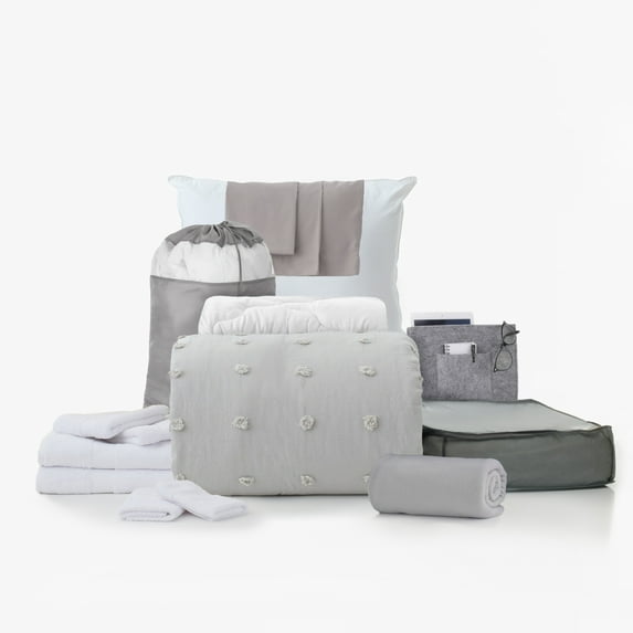 16-Piece Back-to-College Dorm Essentials Value Pack in Savannah Gray, Twin XL Comforter, Sheets, Towels, Pillow, Storage and More by Dawn
