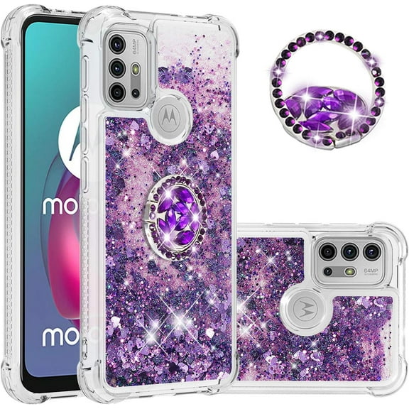 Motorola Moto G10 Case Moto G30 Case with Creativity Clear Quicksand Glitter Flowing Liquid Floating Soft TPU Case w/Stand Bling Diamond Sparkle Phone Cover for Motorola Moto G10 Purple